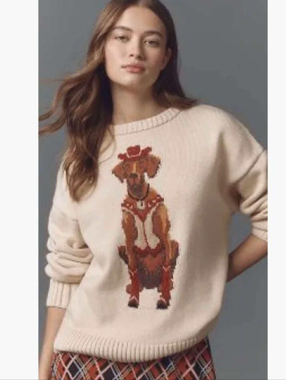 NEW Anthropologie Porridge Cream Western Jolene Dog Knit Sweater Size XXS